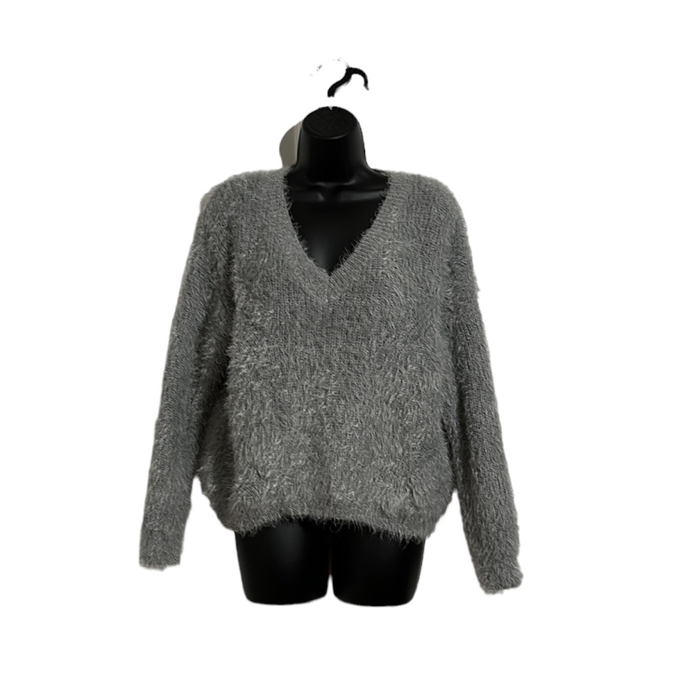 Pink Rose Grey Eyelash Cropped V-Neck Soft Sweater Sz L